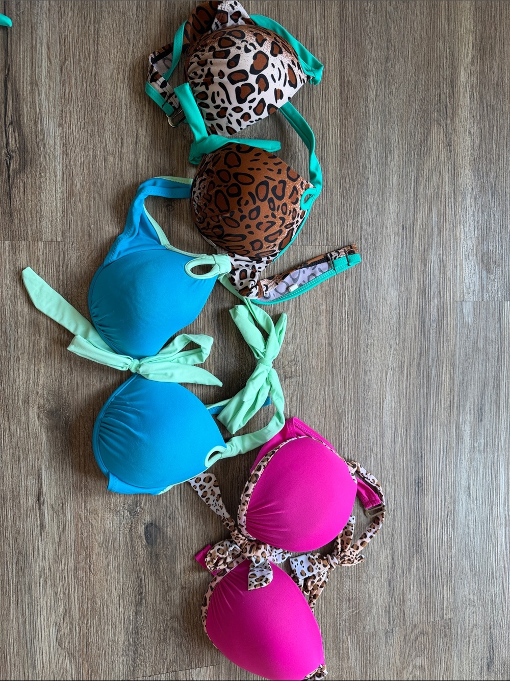 Women's 3 set Leopard & Bright Color Tie Bikini Set - Pink, Turquoise, Brown - Picture 7 of 11